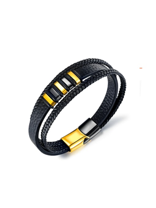 [1371] Bracelet Stainless steel Artificial Leather Weave Hip Hop Strand Bracelet